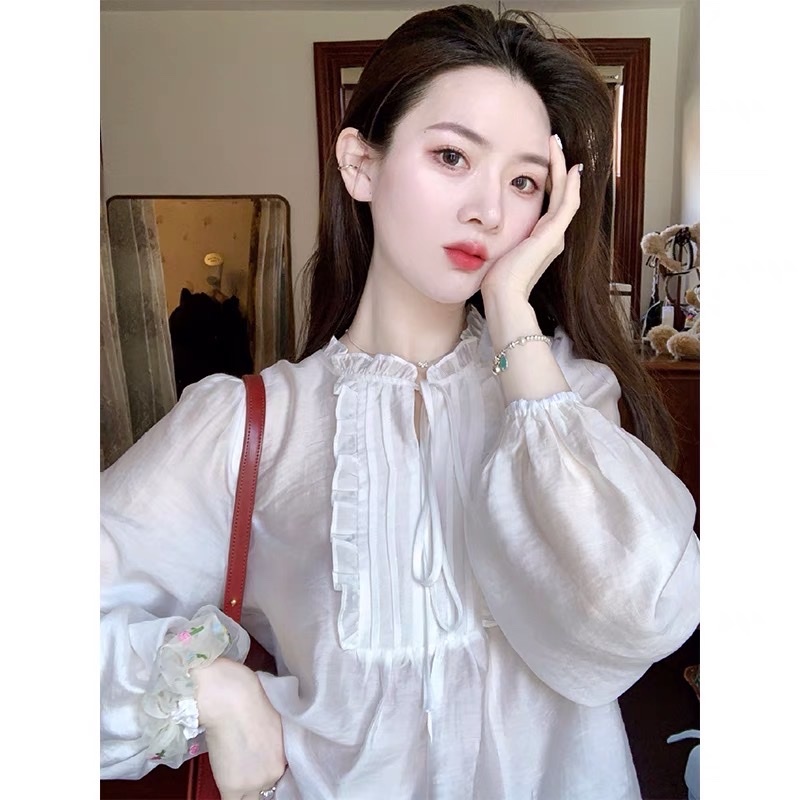Shop tự chụp Áo babydoll Tay Dài Xếp Li Ngực Chất Đũi Xước Mát Không Lộ