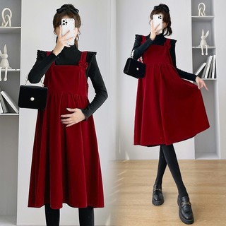 Váy bầu thời trang thu đông Đầm bầu công sở đẹp sang chảnh chất nhung thiết kế hai dây không kèm áo