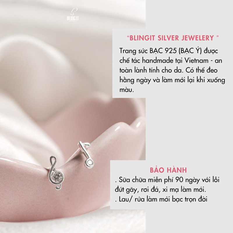 Bông tai bạc nữ BLINGIT nốt nhạc phong cách trang sức khuyên tai bạc 925 Ý thiết kế dễ thương - BIBT478