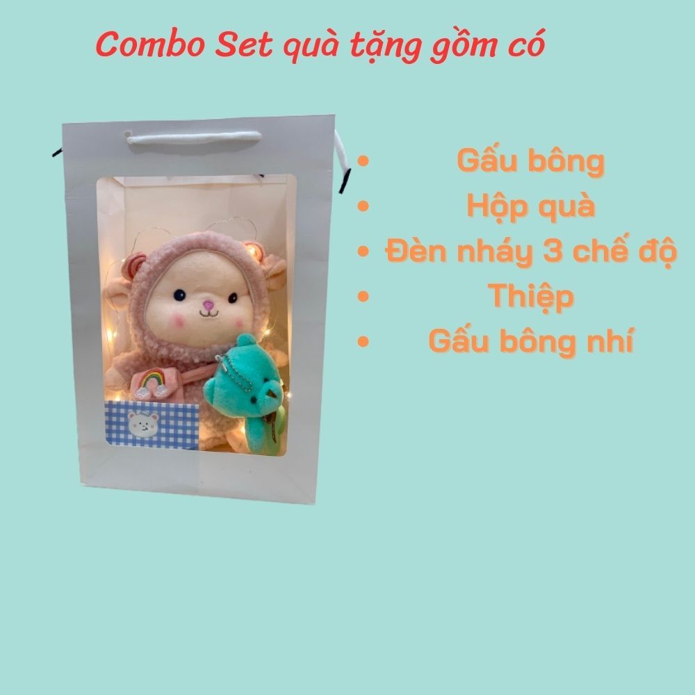 Set quà tặng hoa và gấu bông sinh nhật, kèm đèn led tặng người yêu, bạn thân, quà sinh nhật