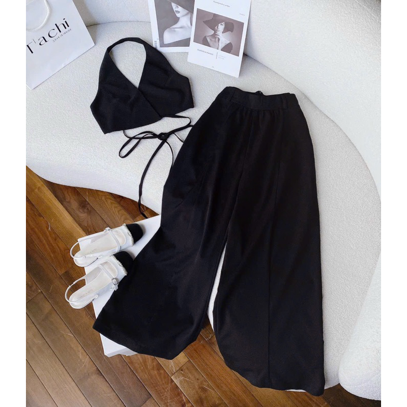 Set Croptop Cổ Yếm Cột Dây Eo + Quần Suông