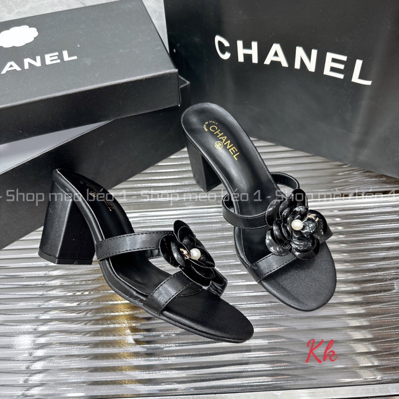 Guốc cn hoa trà quai ngang khoét eo gót trụ fullbox