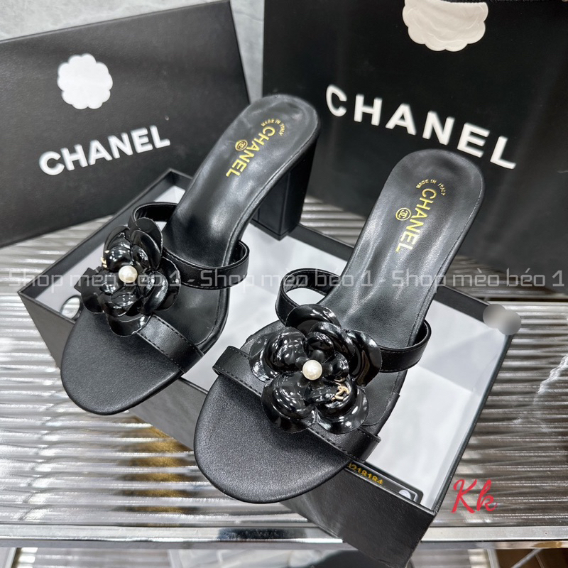 Guốc cn hoa trà quai ngang khoét eo gót trụ fullbox