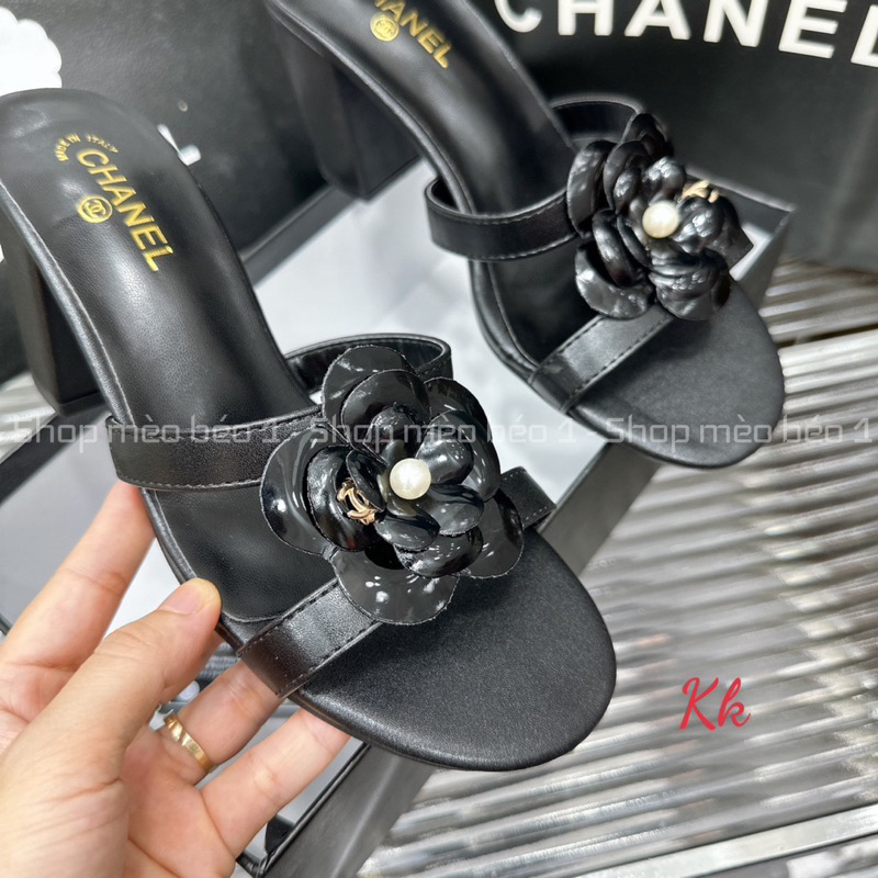 Guốc cn hoa trà quai ngang khoét eo gót trụ fullbox