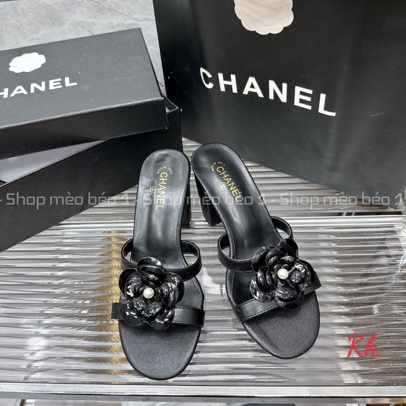 Guốc cn hoa trà quai ngang khoét eo gót trụ fullbox