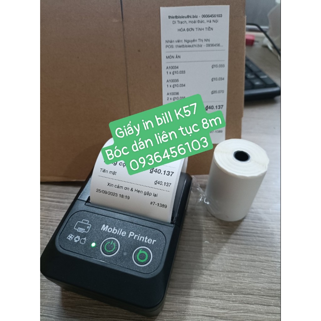 Giấy in bill K57 bóc dán có keo liên tục dùng cho máy in bill K57, máy in Bluetooth khổ 57mm