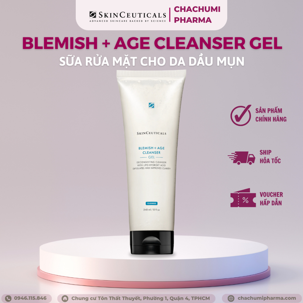 [hàng công ty] sữa rửa mặt cho da dầu mụn skinceuticals blemish + age cleanser gel 240ml (Mỹ)