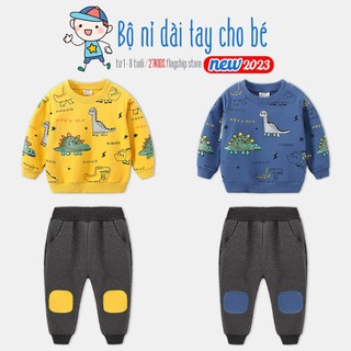 Bộ nỉ cho bé WELLKIDS bộ nỉ dài tay bé trai chất da cá họa tiết khủng long thu đông 2023