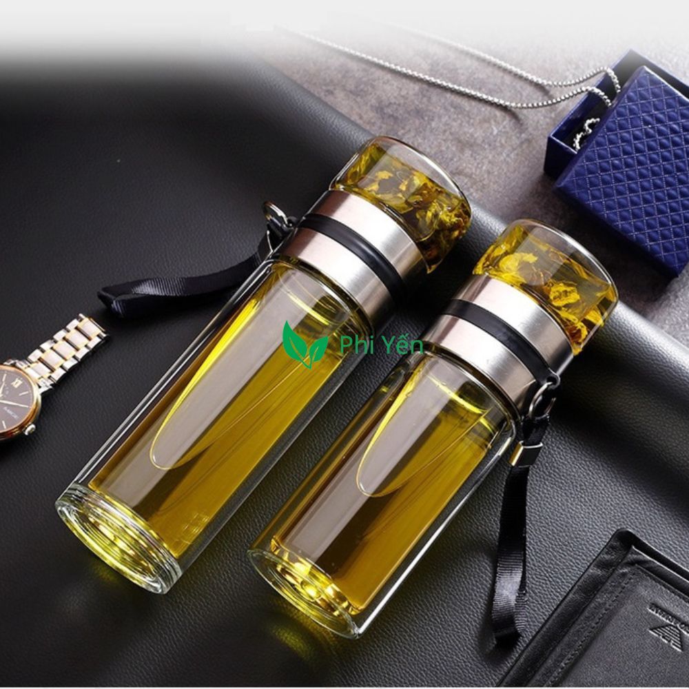 Bình Pha Trà Thủy Tinh 2 Lớp Chịu Nhiệt Lõi Lọc Inox 304 Kèm Quai Xách