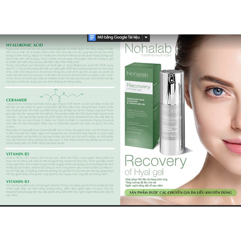 TINH CHẤT PHỤC HỒI DA  VÀ DƯỠNG ẨM CHUYÊN SÂU RECOVERY OF HYAL GEL