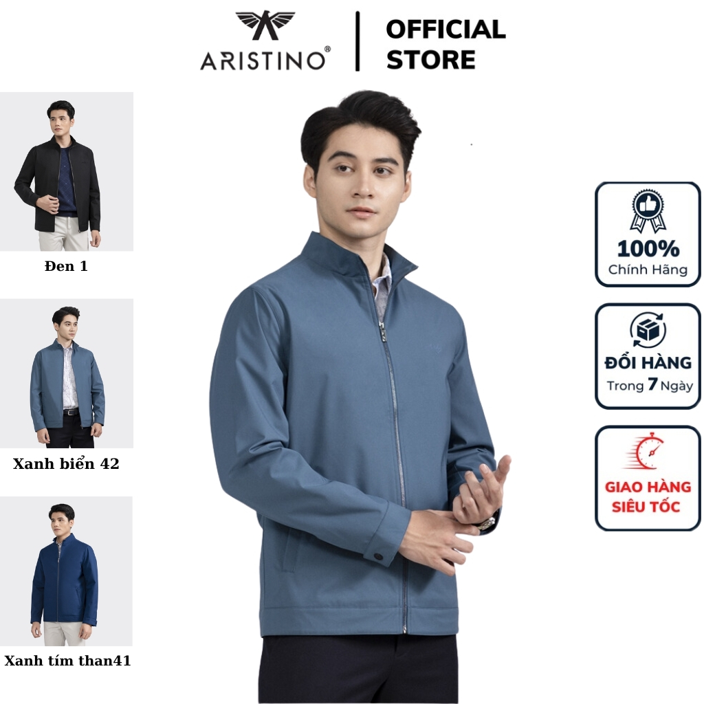 Áo khoác gió 2 lớp nam ARISTINO AJK006W2 trơn màu vải Polyester dáng Regular fit suông vừa cổ bẻ lịch sự