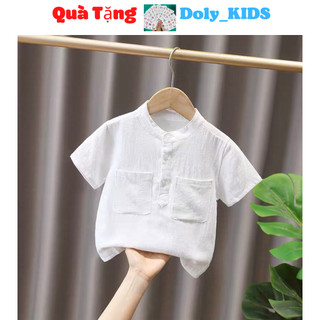 Áo sơ mi bé trai Doly kids, Áo cộc tay bé trai chất đũi xước cao cấp cổ trụ 2 túi cực mát cho bé từ 8-28kg ASM68