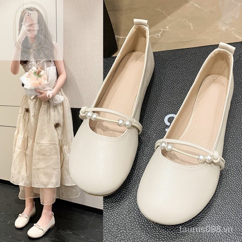 Giày lolita mẫu mới trang trí 2 quai ngọc trượt mũi tròn GTN601