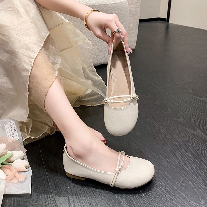 Giày lolita mẫu mới trang trí 2 quai ngọc trượt mũi tròn GTN601