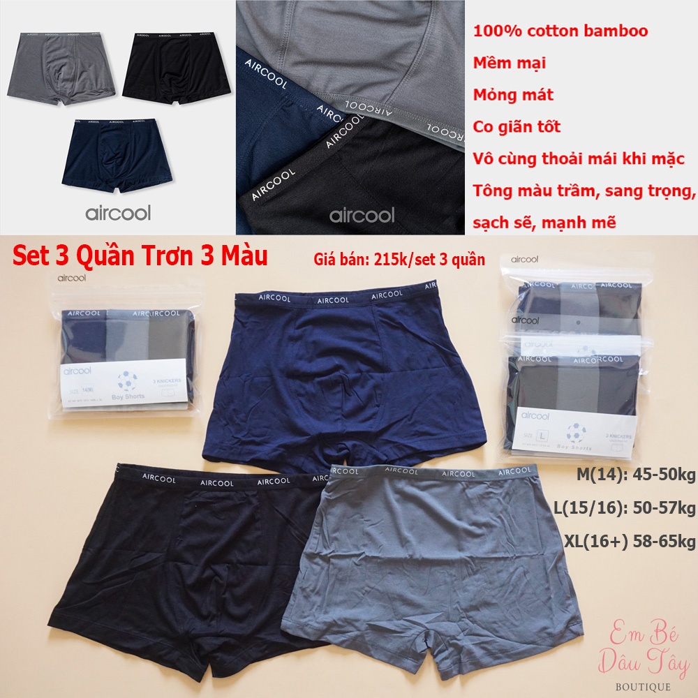 Quần lót bé trai Aircool, Set 3 quần sịp đùi, quần chip aircool bé trai teen vải sợi tre mềm mịn, thấm hút, kháng khuẩn