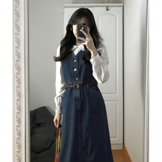 Set Váy Yếm Dáng Dài Váy Jean Dài Sát Nách Xixao Cùng Áo Sơ Mi Trắng Có Tặng Kèm Đai Bó Eo