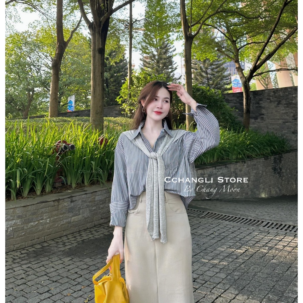 SET ÁO SƠ MI SỌC XANH THẮT DÂY QUÀNG CỔ + CHÂN VÁY KEM MIDI SUÔNG