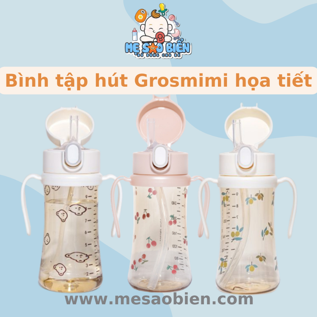 Bình tập uống bình hút Grosmimi nắp bật họa tiết Gấu Chery Olive 200ml 300ml
