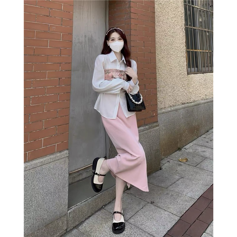 Set áo sơ mi quây ngực mix chân váy hồng phấn