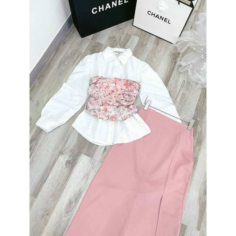 Set áo sơ mi quây ngực mix chân váy hồng phấn