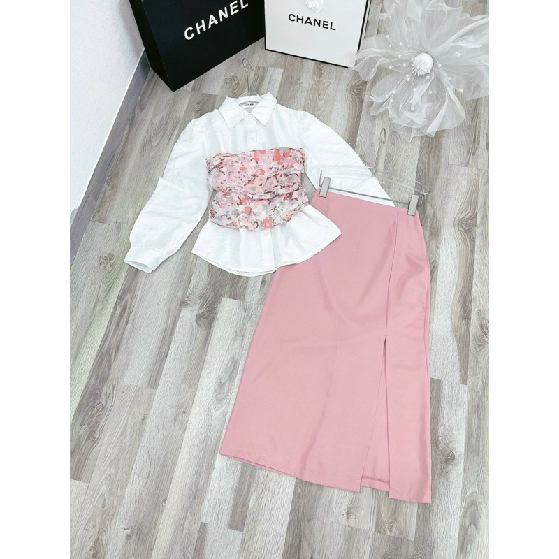 Set áo sơ mi quây ngực mix chân váy hồng phấn