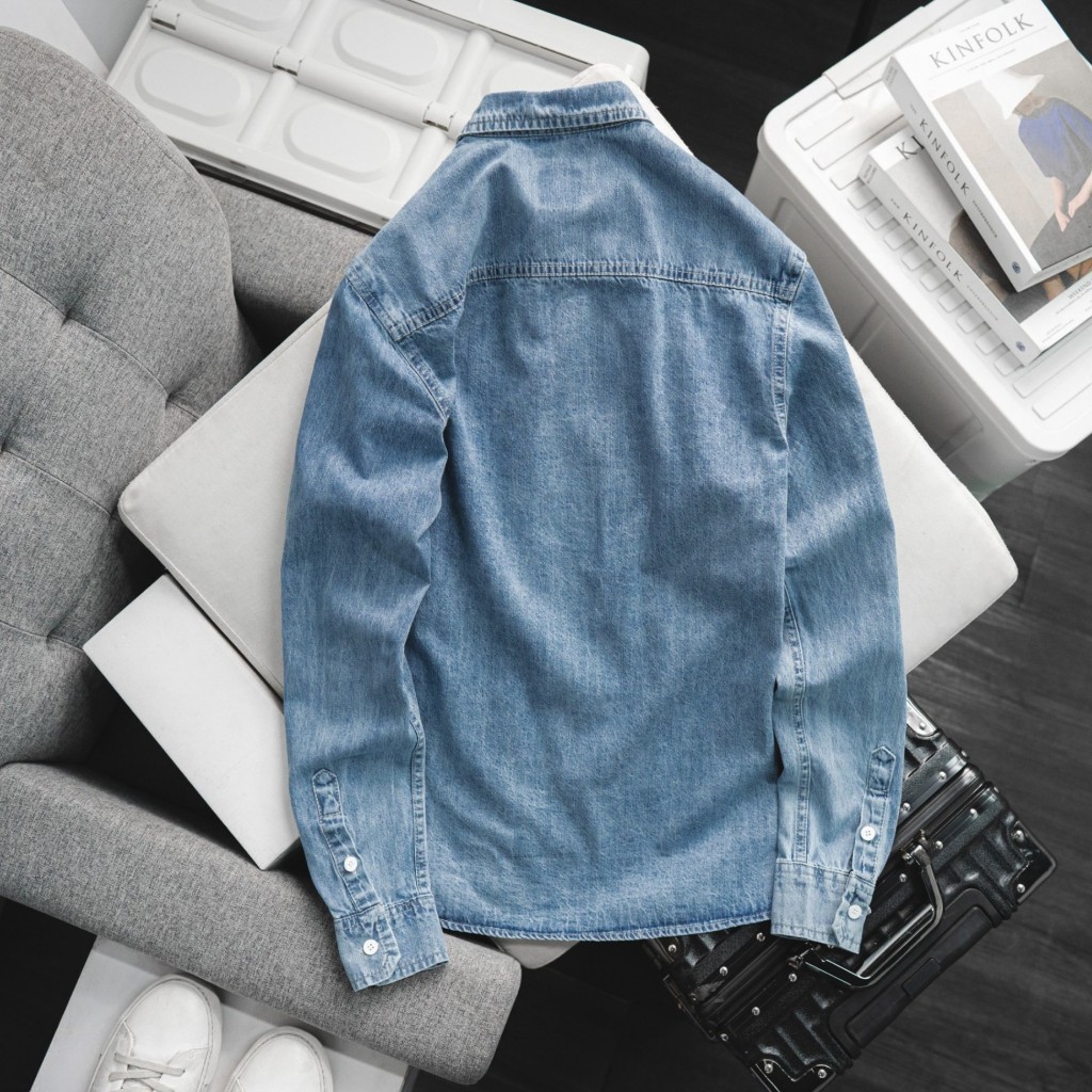 Áo Sơ Mi Denim Dài Tay KAF, Form Slimfit, chất liệu denim co dãn mềm mịn, Hàng VNXK - SD41
