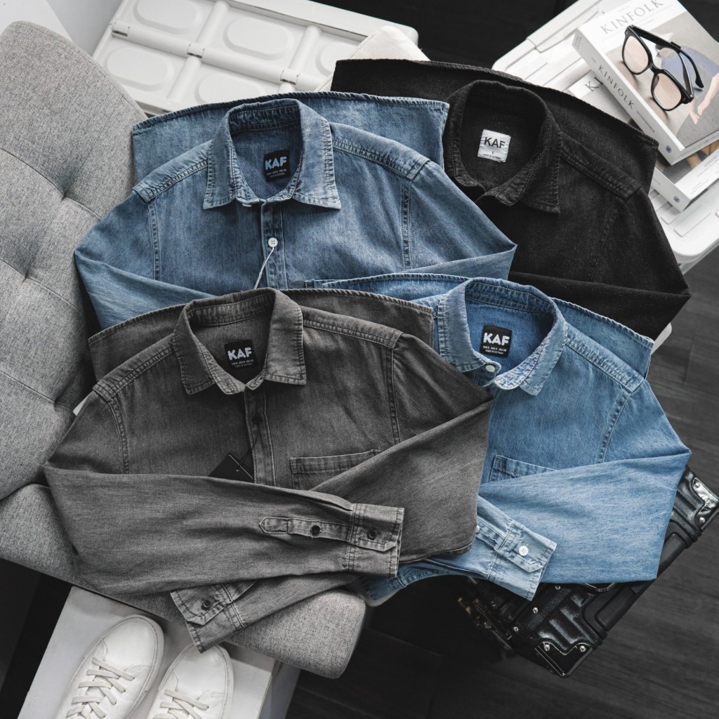 Áo Sơ Mi Denim Dài Tay KAF, Form Slimfit, chất liệu denim co dãn mềm mịn, Hàng VNXK - SD41