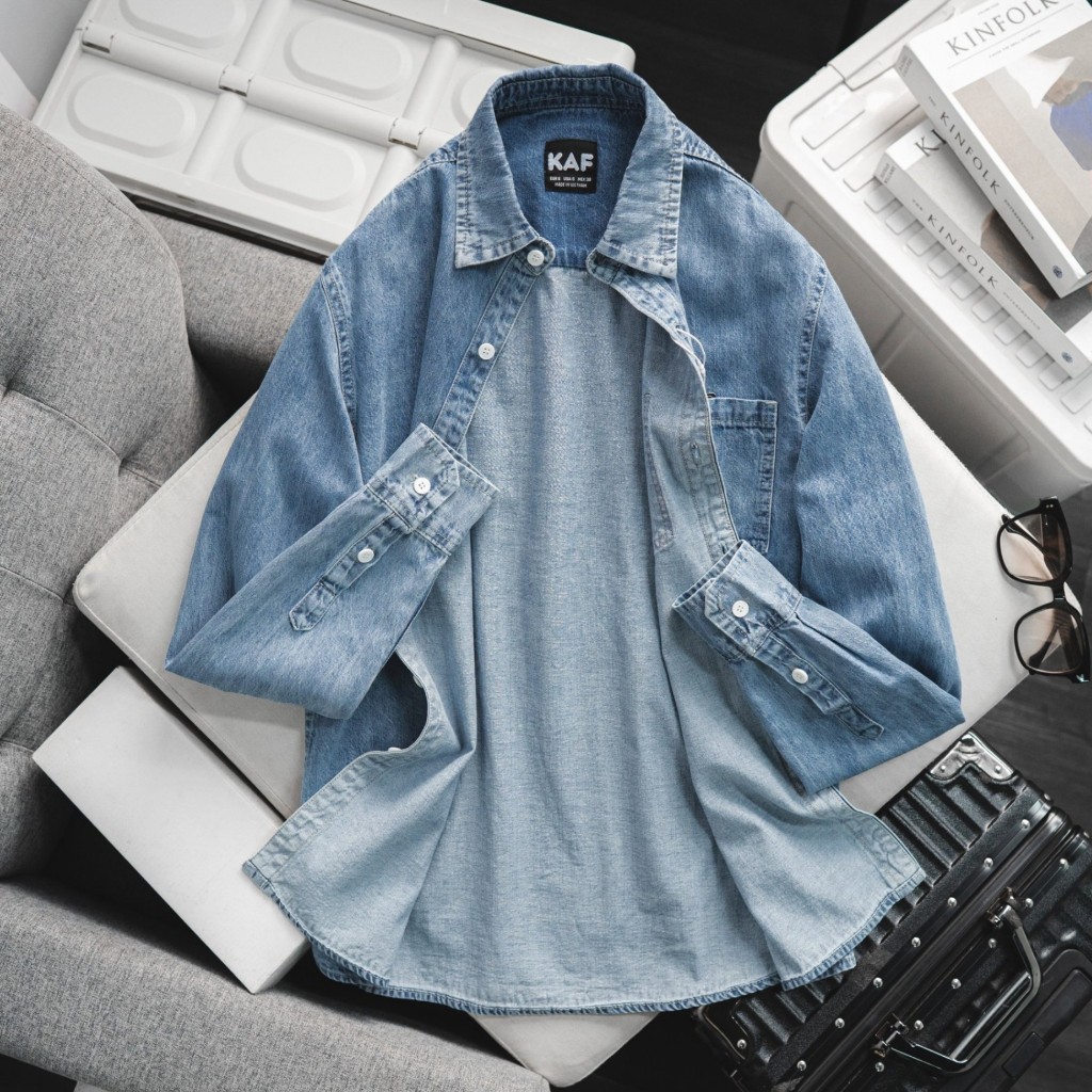 Áo Sơ Mi Denim Dài Tay KAF, Form Slimfit, chất liệu denim co dãn mềm mịn, Hàng VNXK - SD41