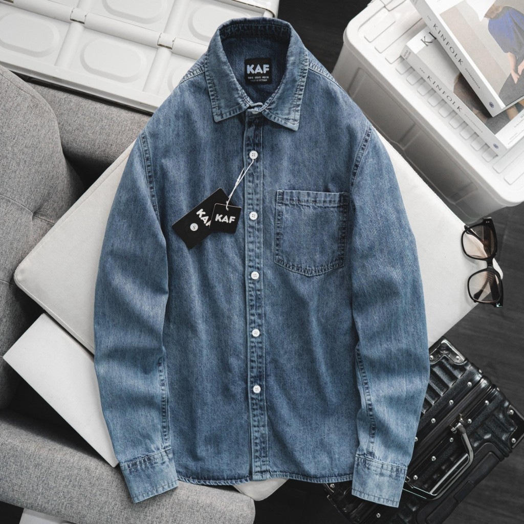 Áo Sơ Mi Denim Dài Tay KAF, Form Slimfit, chất liệu denim co dãn mềm mịn, Hàng VNXK - SD41