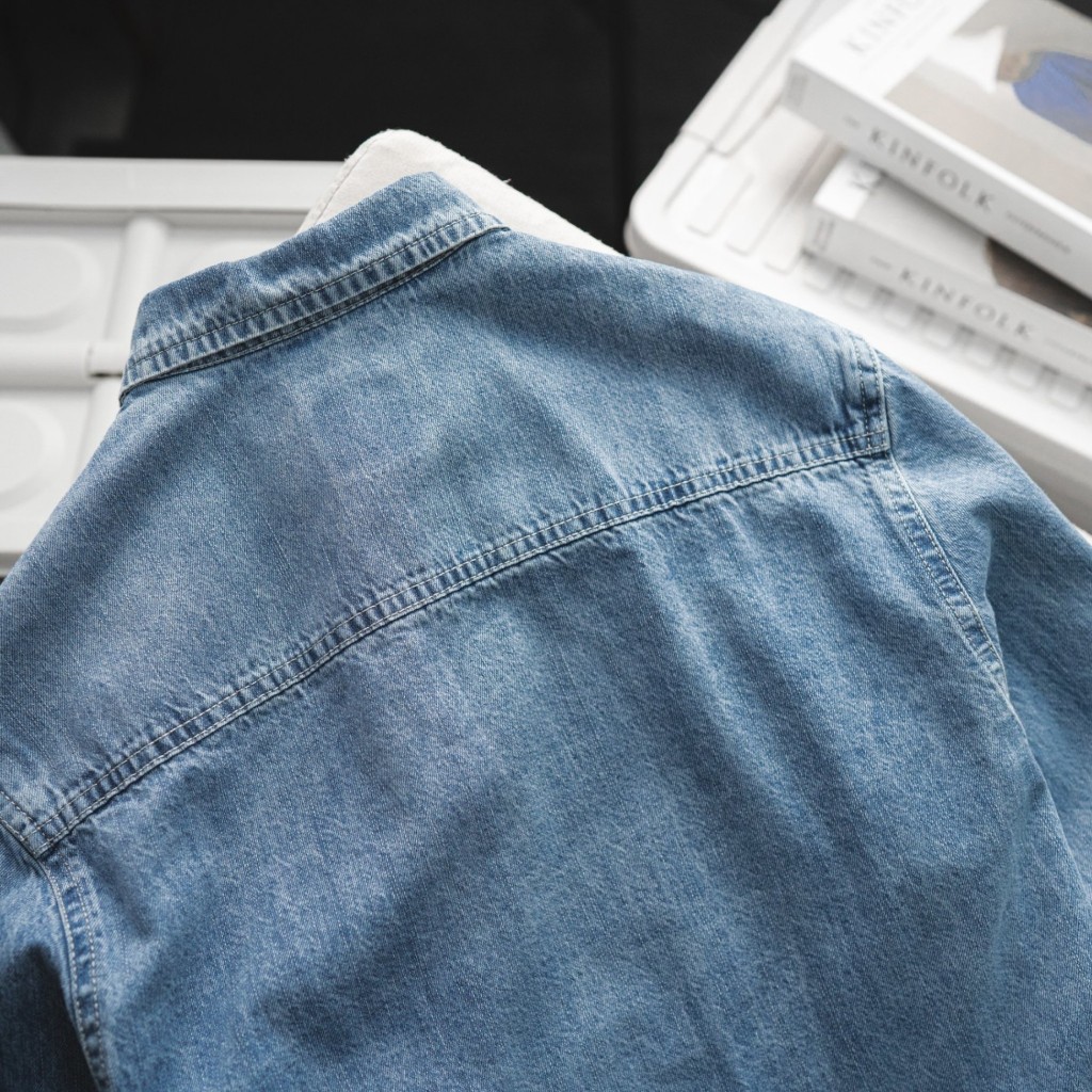 Áo Sơ Mi Denim Dài Tay KAF, Form Slimfit, chất liệu denim co dãn mềm mịn, Hàng VNXK - SD41