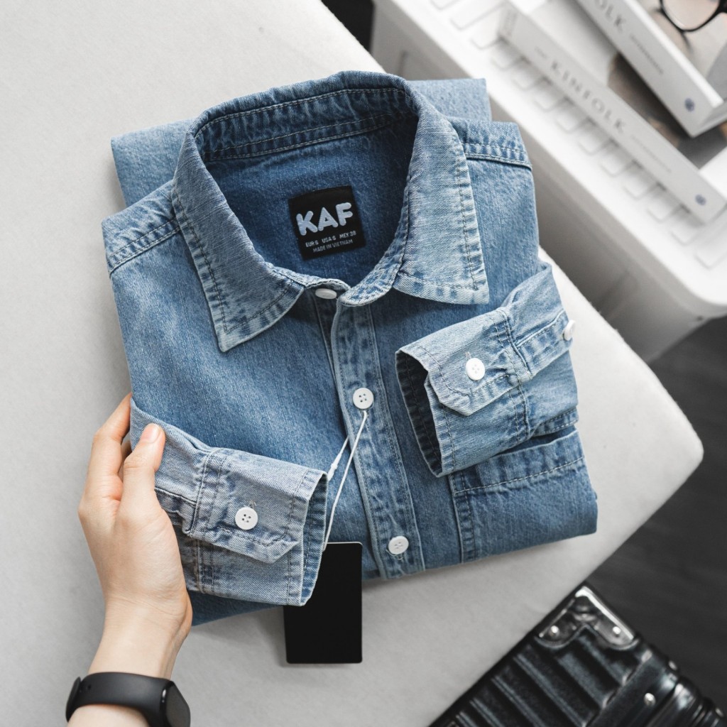 Áo Sơ Mi Denim Dài Tay KAF, Form Slimfit, chất liệu denim co dãn mềm mịn, Hàng VNXK - SD41