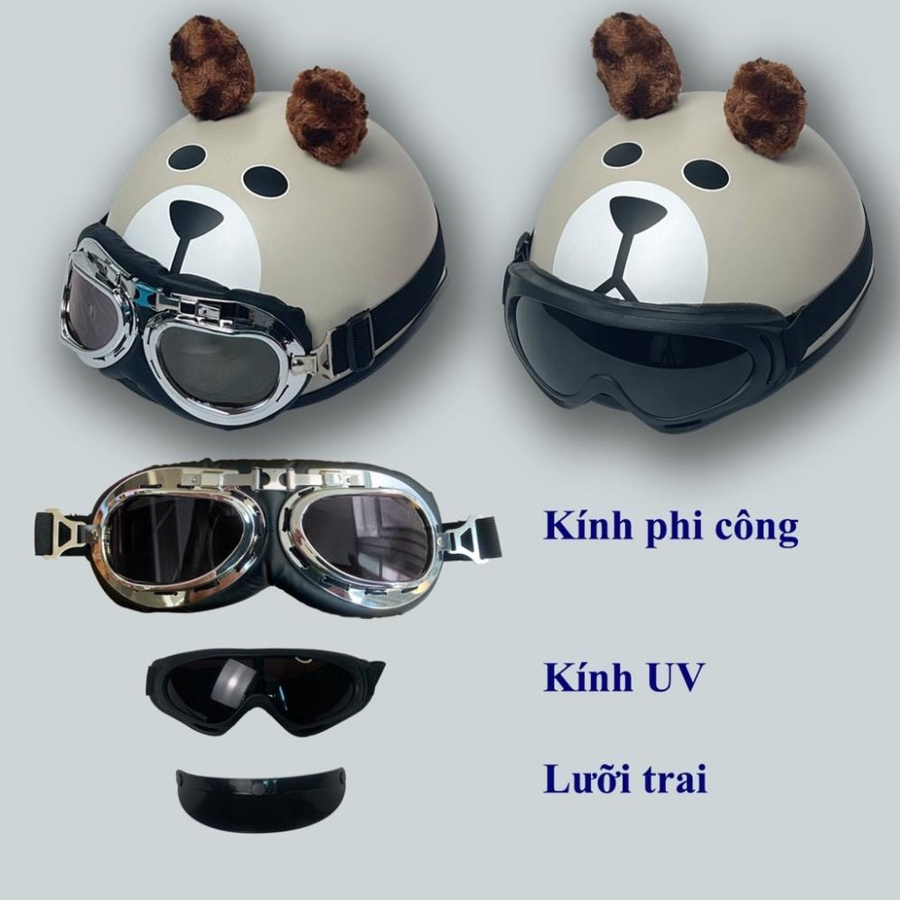 Mũ bảo hiểm hình gấu dâu, có tai ,Picachu tai cute kèm kính thời trang ngộ nghĩnh đáng yêu