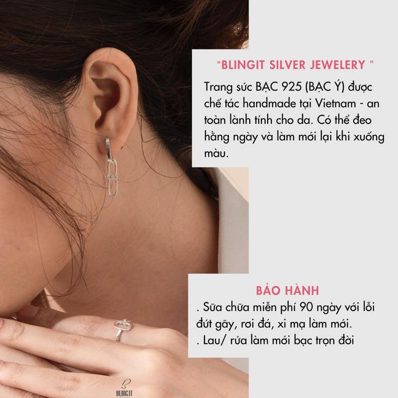 Bông tai bạc nữ BLINGIT đính hạt đá dạng dài phong cách trang sức khuyên tai bạc 925 Ý thiết kế thanh lịch BIBT507