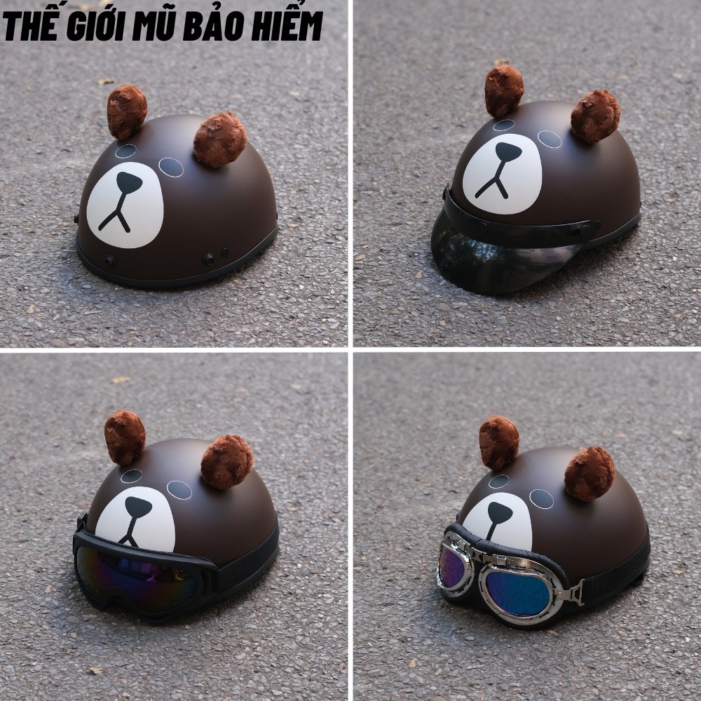 Mũ bảo hiểm hình gấu dâu,Nón bảo hiểm kết in hình gấu dâu có khoét tóc cute kèm kính thời trang ngộ nghĩnh đáng yêu