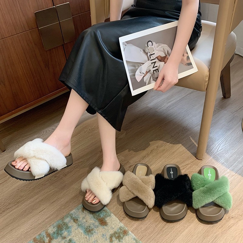 Dép Đế Cao Quai Ngang Phối Lông Nhung Thời Trang Cá Tính