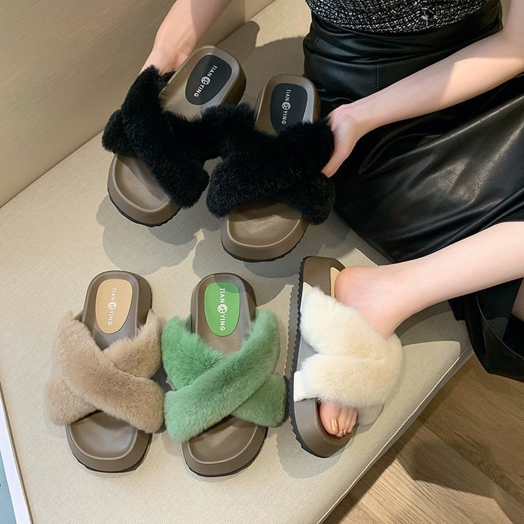 Dép Đế Cao Quai Ngang Phối Lông Nhung Thời Trang Cá Tính