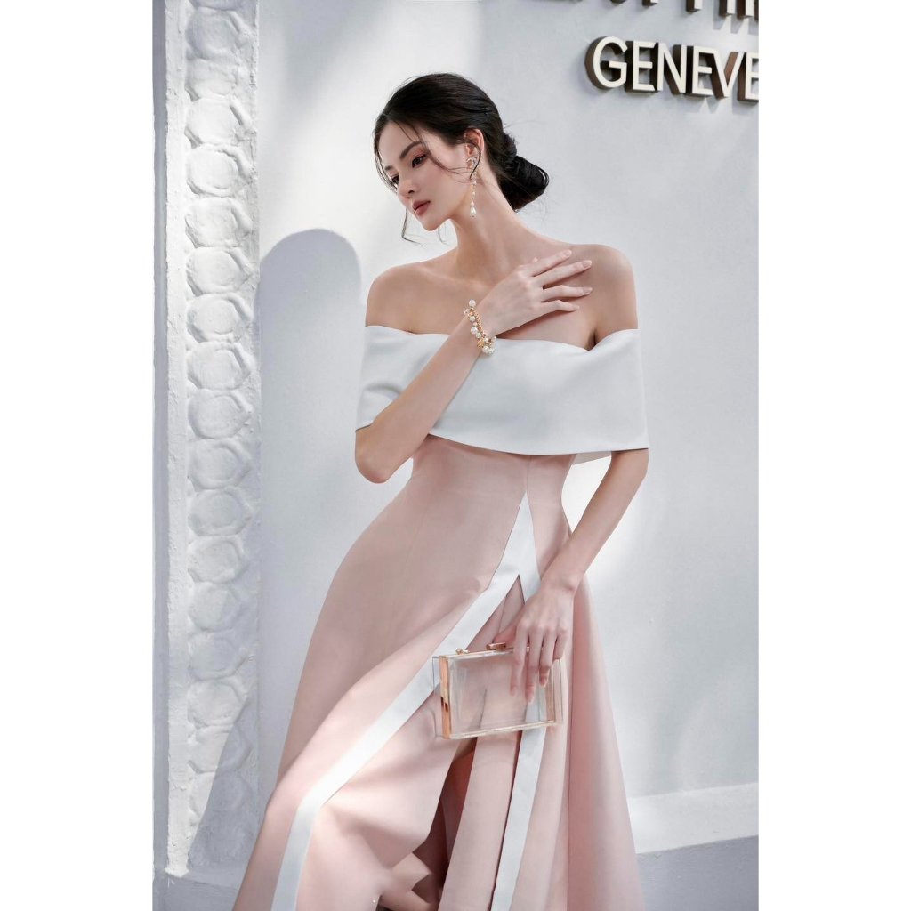 Đầm dụ tiệc dáng dài trễ vai xẻ tà cách điệu siêu xinh- AME dress