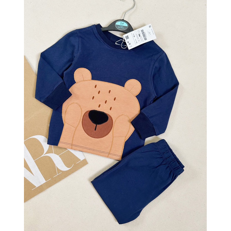 Set 2 bộ cotton dài tay hình gấu than trắng cho bé trai