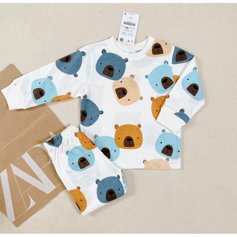 Set 2 bộ cotton dài tay hình gấu than trắng cho bé trai