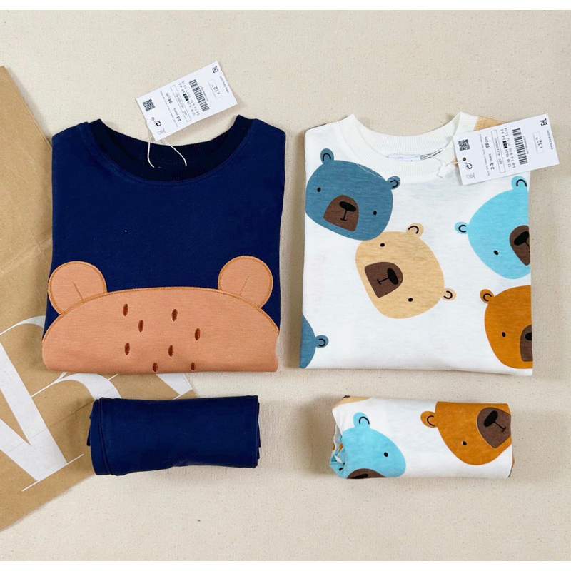 Set 2 bộ cotton dài tay hình gấu than trắng cho bé trai