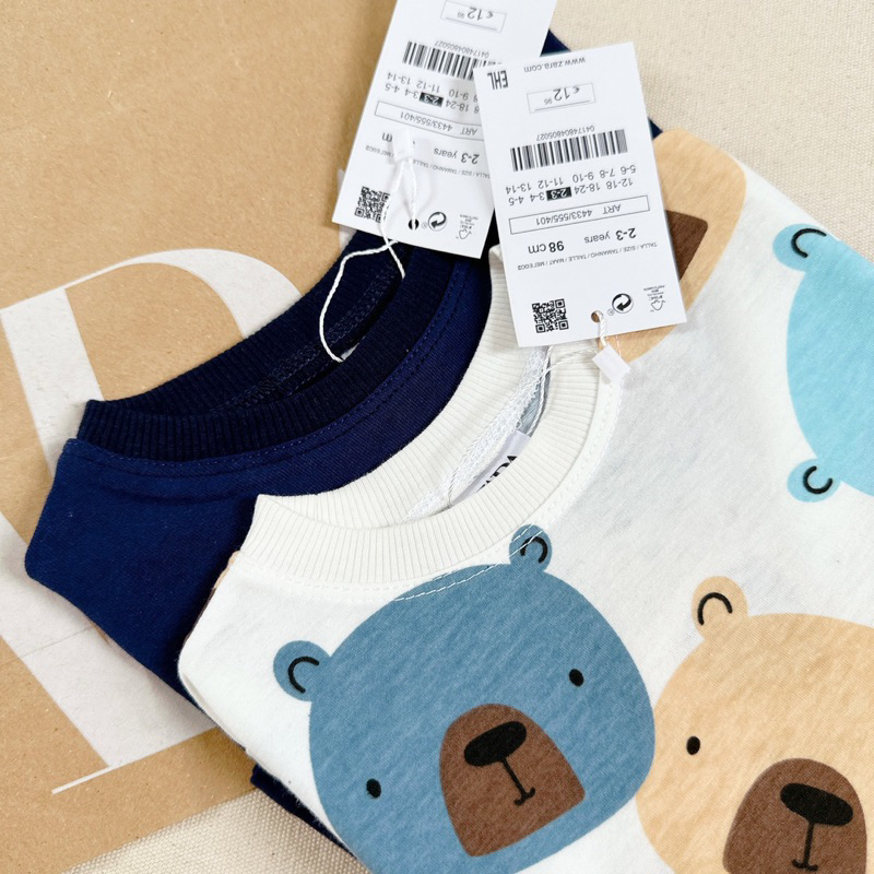 Set 2 bộ cotton dài tay hình gấu than trắng cho bé trai