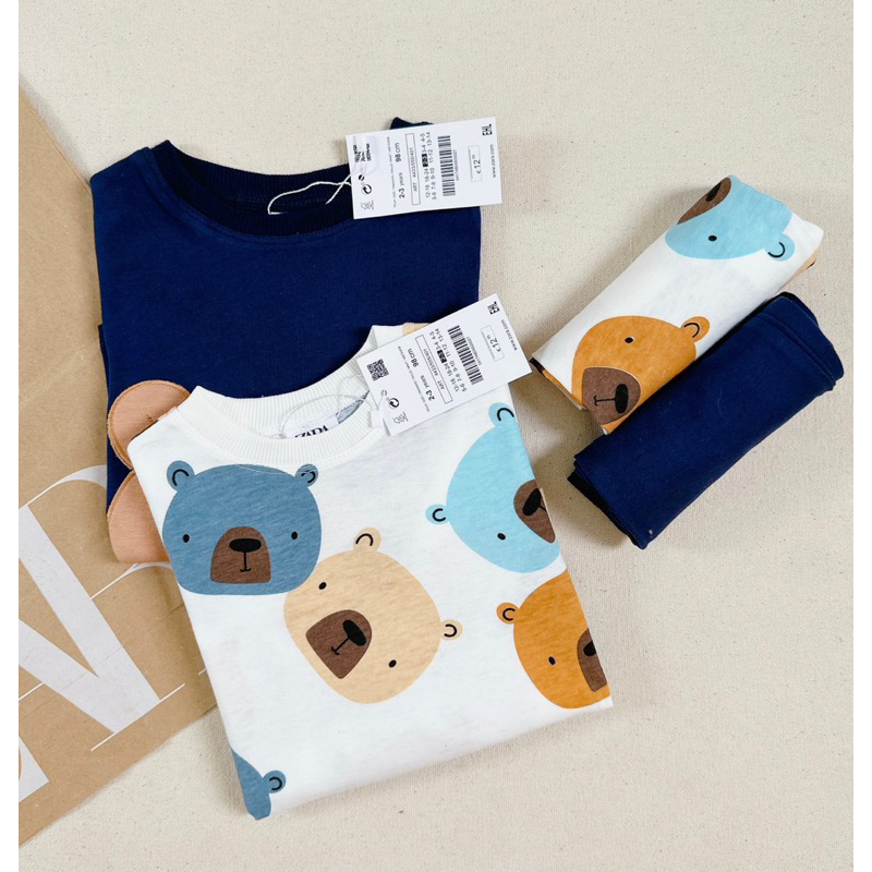 Set 2 bộ cotton dài tay hình gấu than trắng cho bé trai