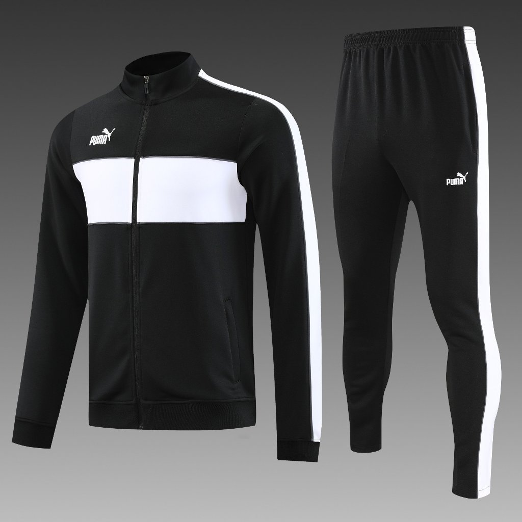 Bộ Quần Áo Bóng Đá Tay Dài Có Khóa Kéo.Puma đen phối trắng - phối gân xám.Thời Trang Thu Đông