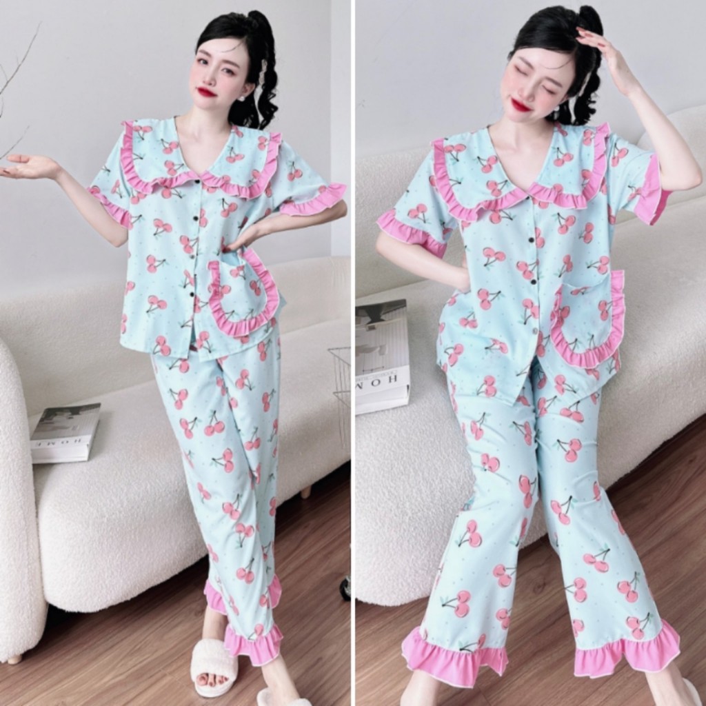 Đồ Bộ Ngủ Bigsize Tay Ngắn Quần Dài Lụa Nhật Cổ Sen, Gấm Quần Dài Truyền Thống 50-100kg Cho Nàng Mũm Mĩm