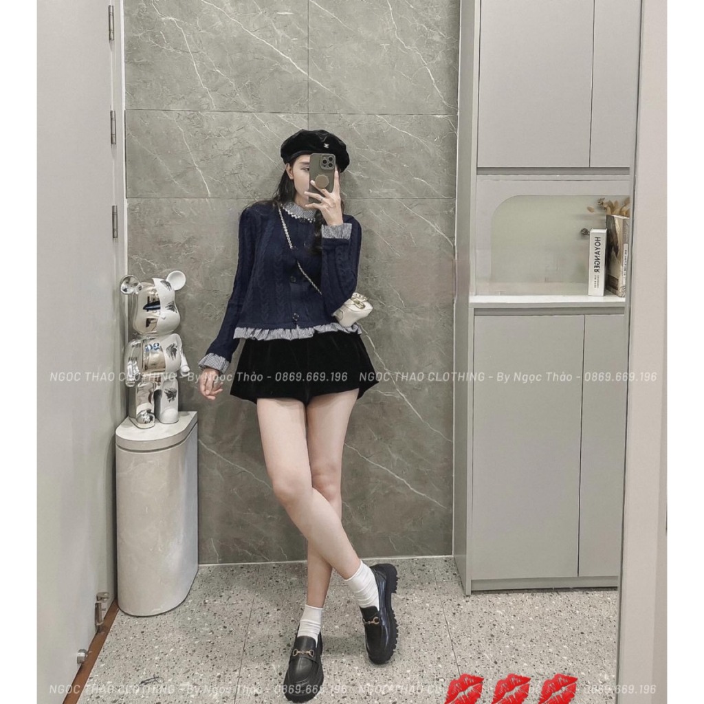 Áo len dài tay viền kẻ bèo kèm nơ