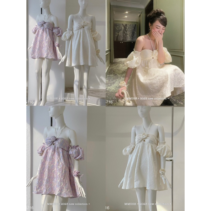 Đầm doll gấm rớt vai