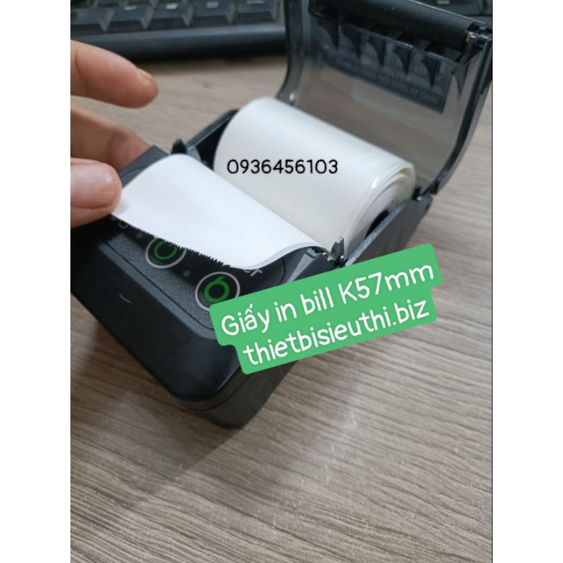 Giấy in bill K57 bóc dán có keo liên tục dùng cho máy in bill K57, máy in Bluetooth khổ 57mm