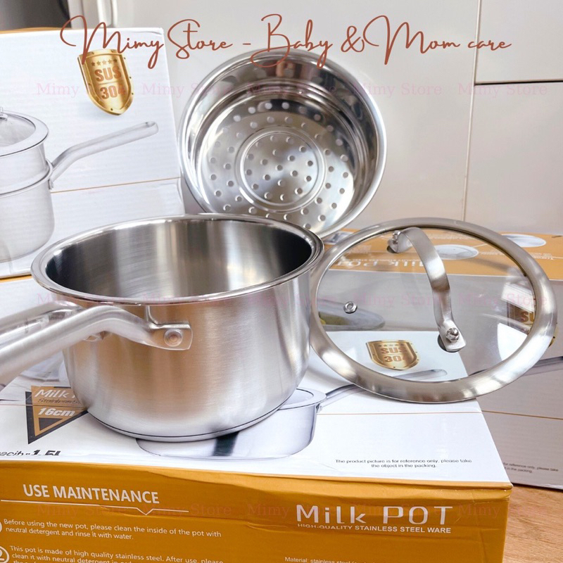 Nồi Inox 3 đáy Milk Pot 16cm kèm xửng hấp nấu cháo, đồ ăn dặm cho bé