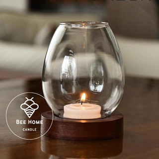 Đèn thiền trà đèn đốt trầm đèn nến tealight đế gỗ bóng thuỷ tinh phong cách Bắc Âu chắn gió, thích hợp để ngoài trời