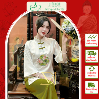 Đồ lam đi chùa liên hoa - set lam cổ tàu lụa nhật thêu sen